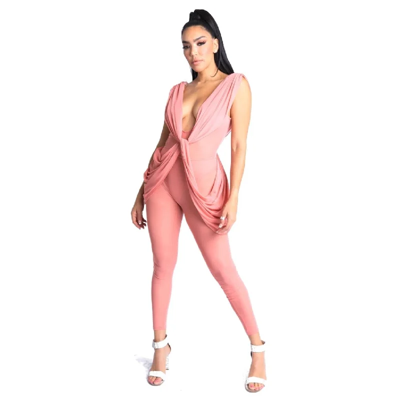 Sexy Sleeveless Lightweight Draped Mesh Jumpsuit Party Clubwear Mauve