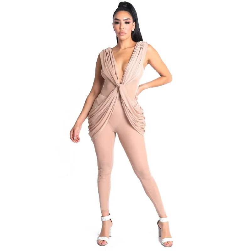 Sexy Sleeveless Lightweight Draped Mesh Jumpsuit Party Clubwear Nude