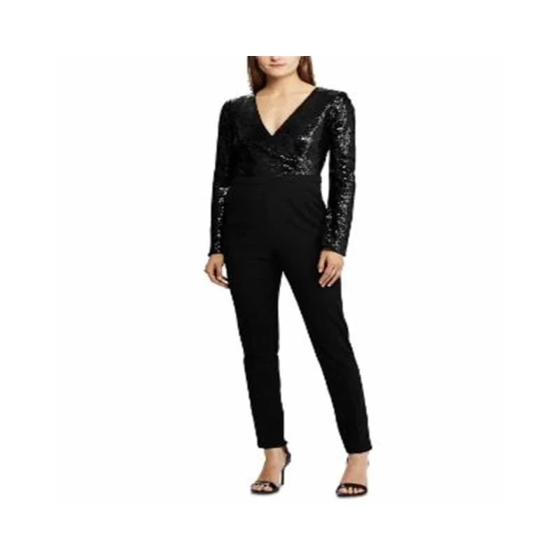 Ralph Lauren Women's Sequined Pocketed Zippered Long Sleeve V Neck Party Jumpsuit Black Size 10