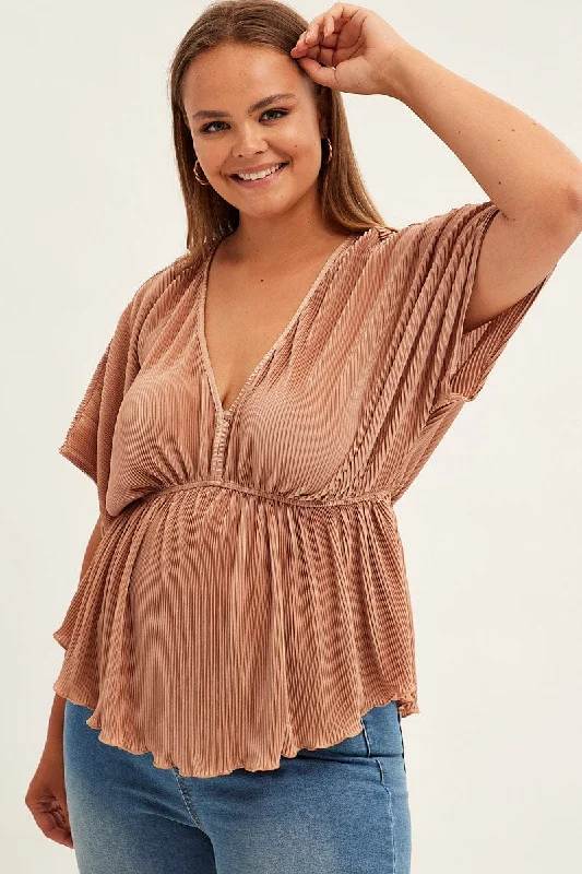 Beige Plisse Top Short Sleeve V-neck