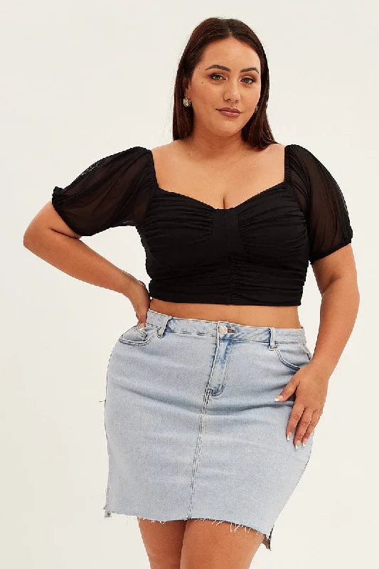 Black Corset Top Short Sleeve Crop Mesh