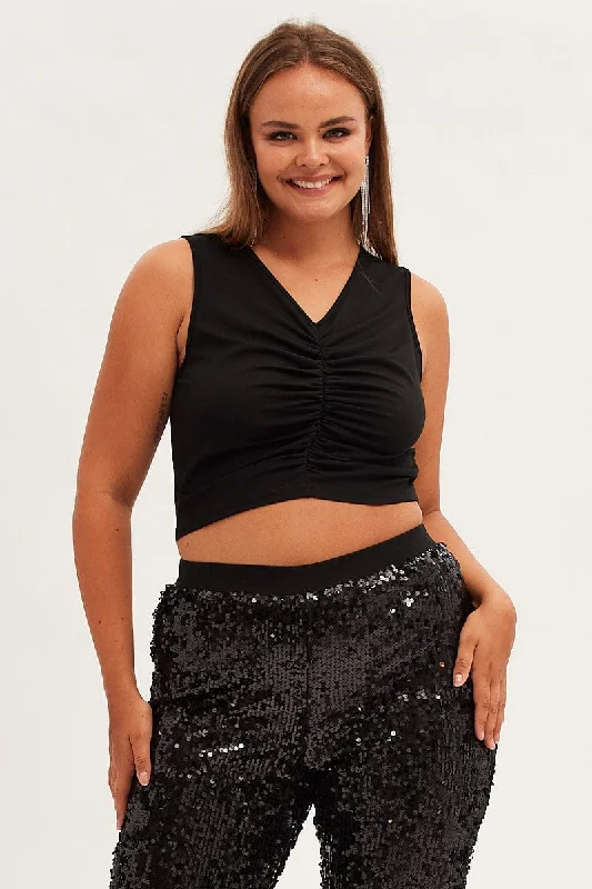 Black Crop Top Sleeveless Gather Front Jersey