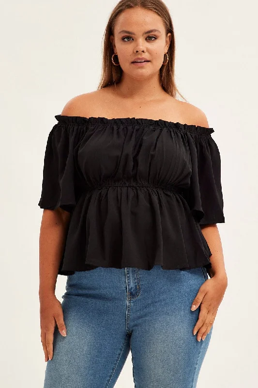 Black Short Sleeve Bardot Top