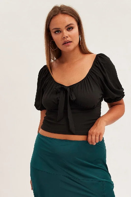 Black Tie Top Short Sleeve Puff Sleeve Jersey