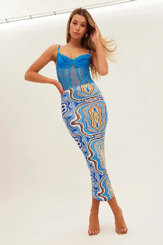 Blue Abstract Abstract Midi Skirt