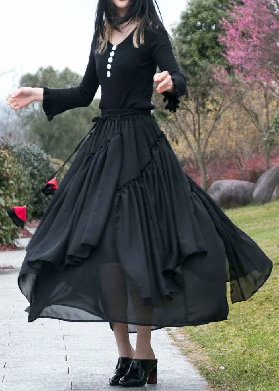 Fine Black Wrinkled Asymmetrical Patchwork Chiffon Skirts Summer