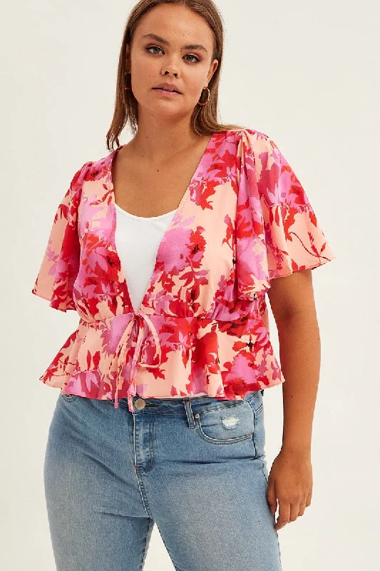 Pink Floral Tie Top Short Sleeve