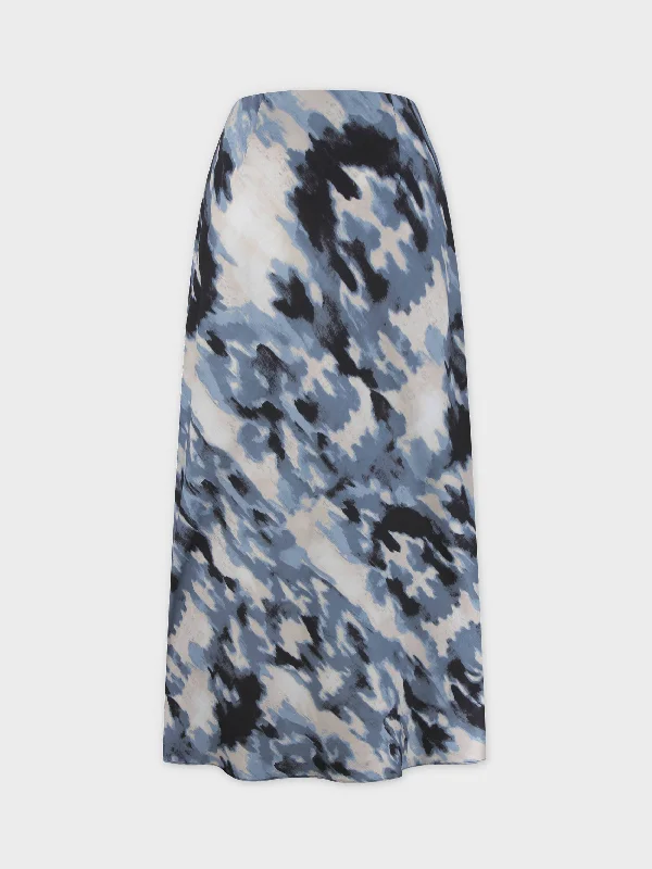 Printed Satin Slip Skirt-Blue Brushstrokes