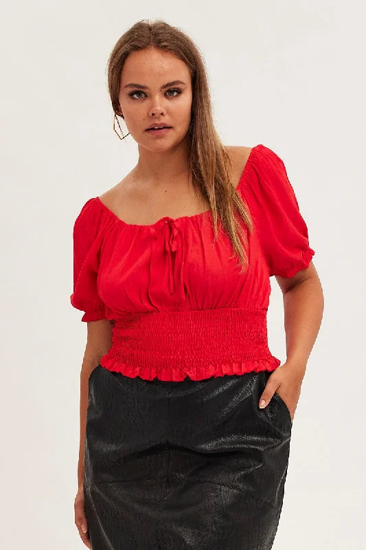 Red Crop Top Short Sleeve Waist Shirred