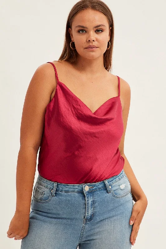 Red Singlet Top Sleeveless Satin Cowl Neck