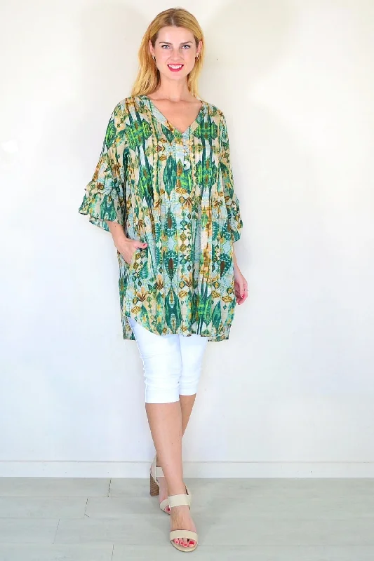 Tiffany Abstract Green Pleats Tunic Top