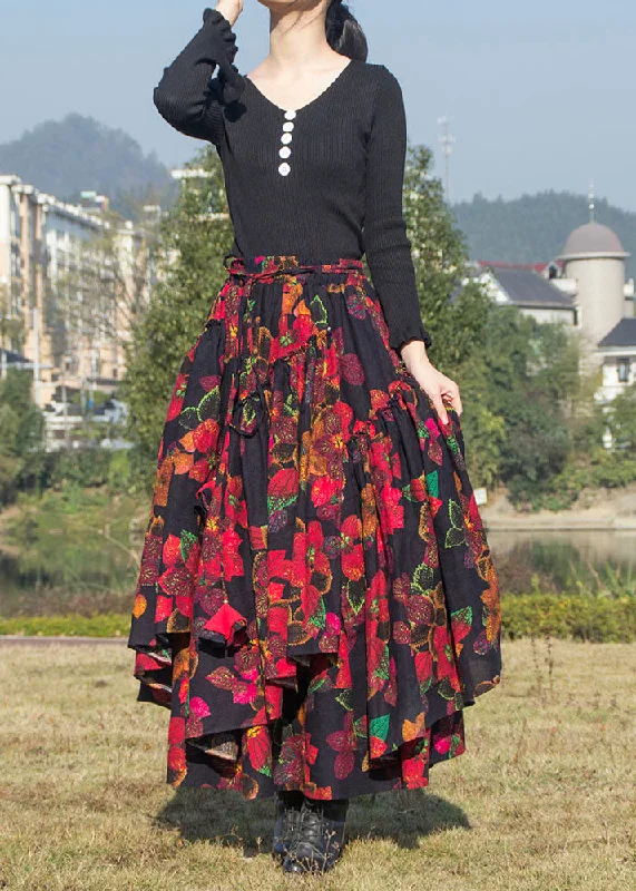 Vintage Floral Wrinkled Asymmetrical Print Patchwork Cotton Skirt Fall