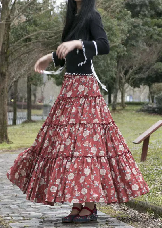 Vintage Red Print Cinched Patchwork Cotton Skirts Summer