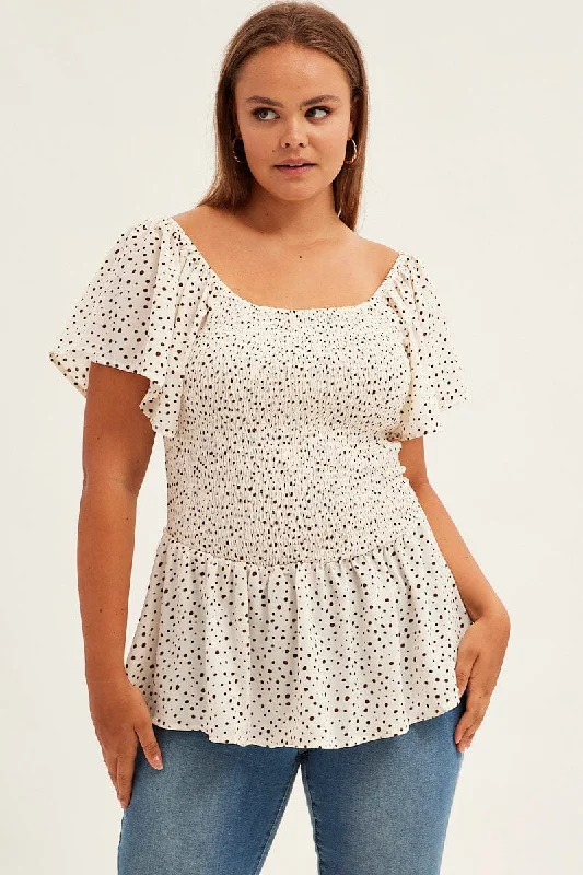 White Geo Peplum Top Short Sleeve Shirred