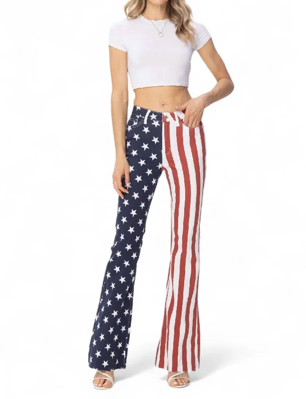 High Waist American Flag Flares Jean In White/navy/red