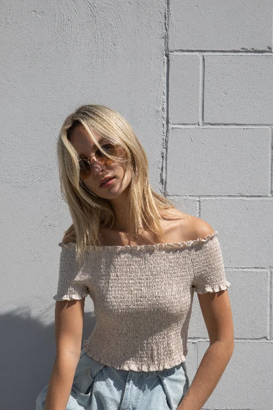 SMOCKED OFF SHOULDER TOP