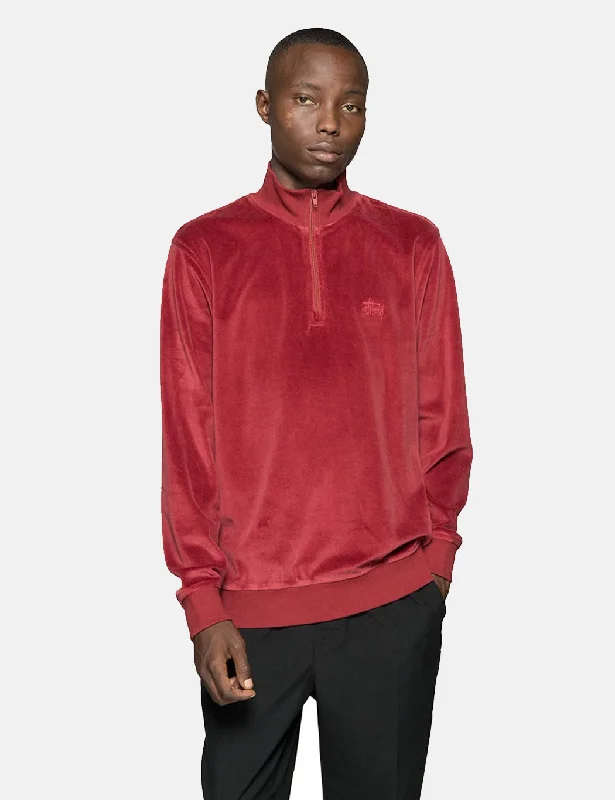 Stussy Velour Long Sleeve Zip Mock Sweatshirt - Maroon