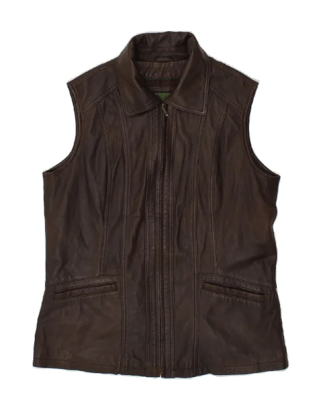 VINTAGE Womens Leather Gilet UK 14 Medium Brown Leather