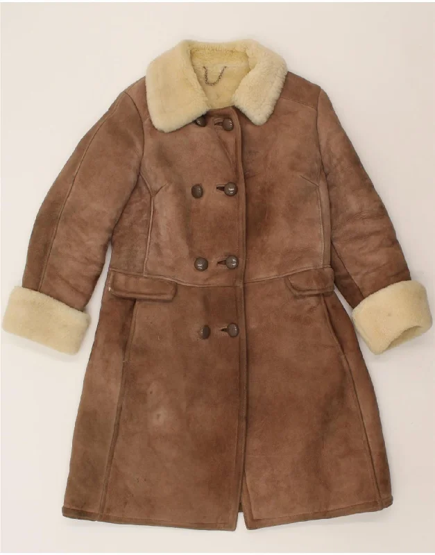 VINTAGE Womens Shearling Coat UK 10 Small Brown Shearling