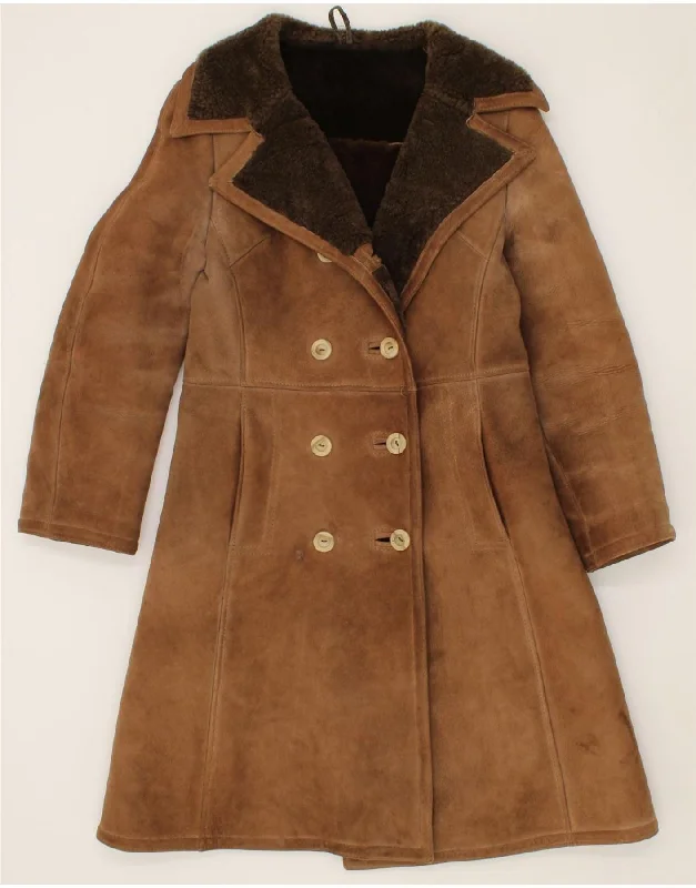 VINTAGE Womens Shearling Double Breasted Coat UK 10 Small Brown