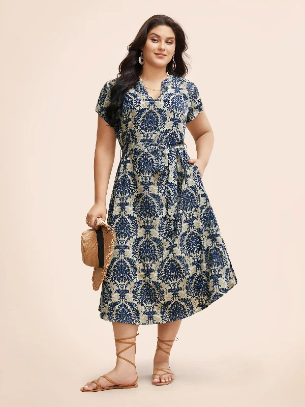 Boho Print Cap Sleeve Belted Dress