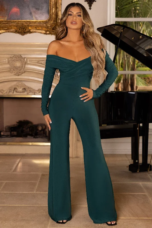 Hand On Heart | Bottle Green Twist Front Bardot Long Sleeve Jumpsuit