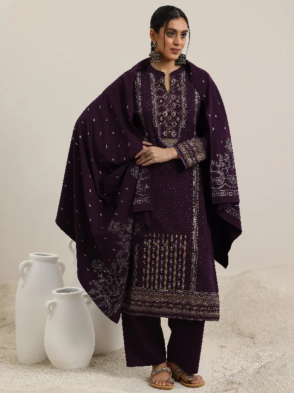 Burgundy Woven Design Wool Blend Straight Suit With Dupatta