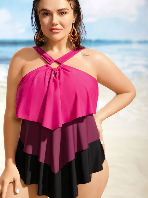 Contrast Cut Out Tiered Hem One Piece Swimsuit