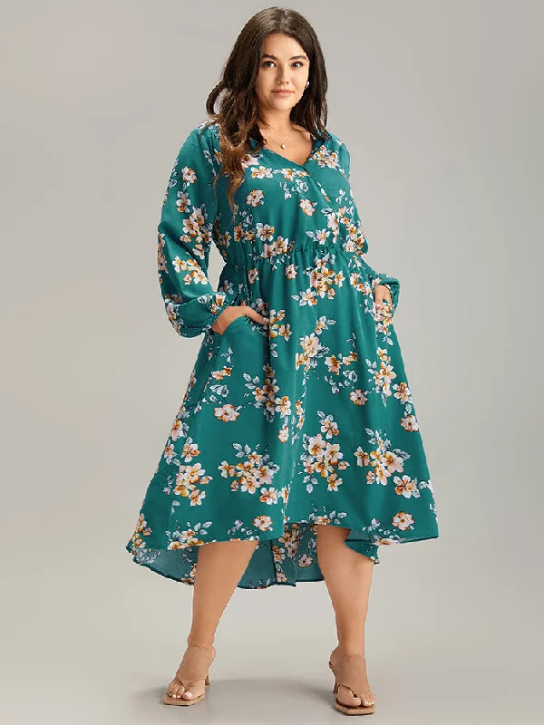 Floral Lantern Sleeve High Low Hem Dress