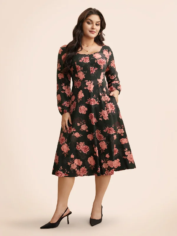 Floral Lantern Sleeve Shirred Pocket Dress