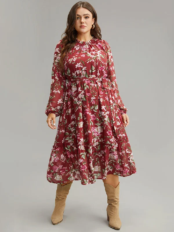 Floral Print Belted Patchwork Gathered Dress