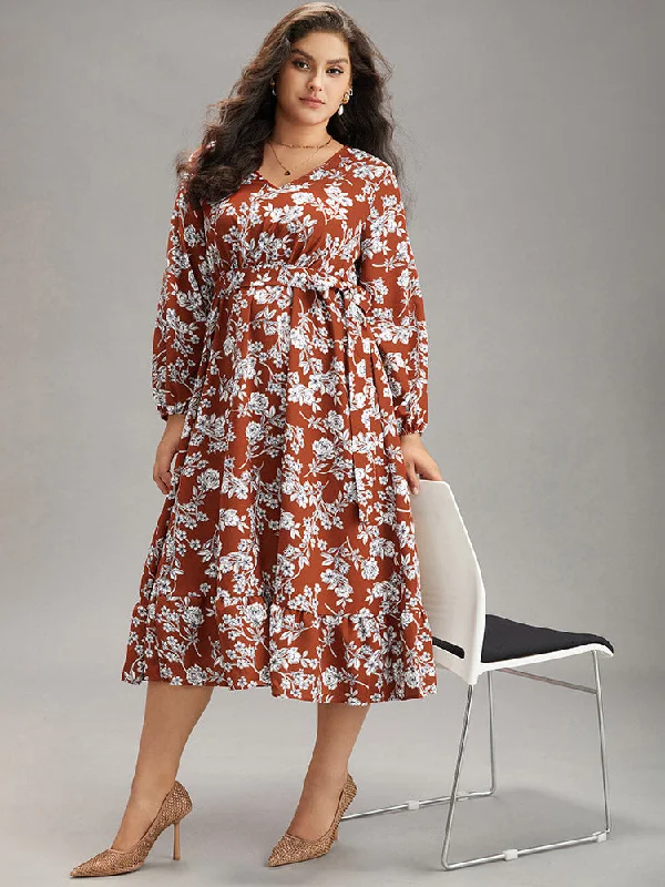 Floral Print Elastic Cuffs Ruffle Hem Dress