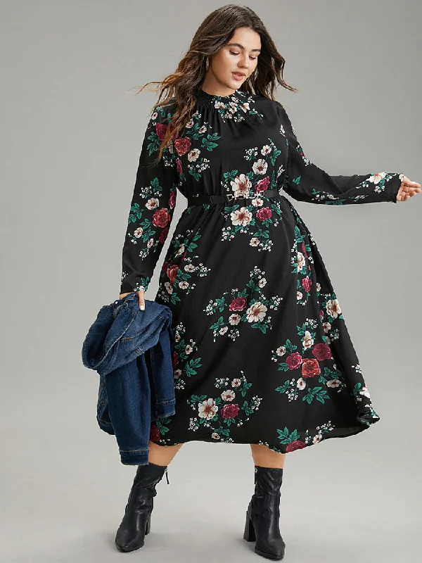 Floral Print Shirred Mock Neck Dress