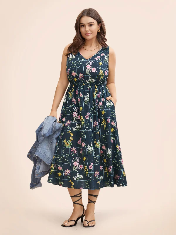 Floral Print V Neck Sleeveless Gathered Dress