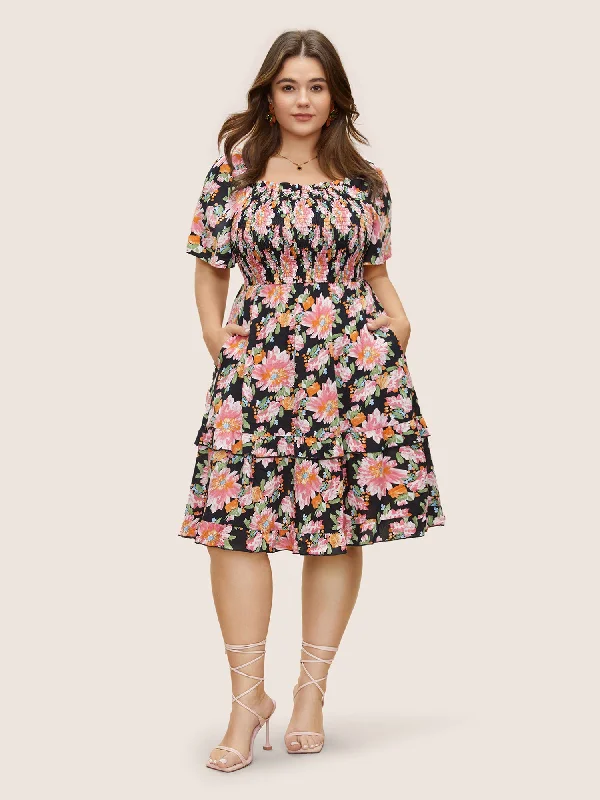 Floral Shirred Ruffles Patchwork Pleated Dress