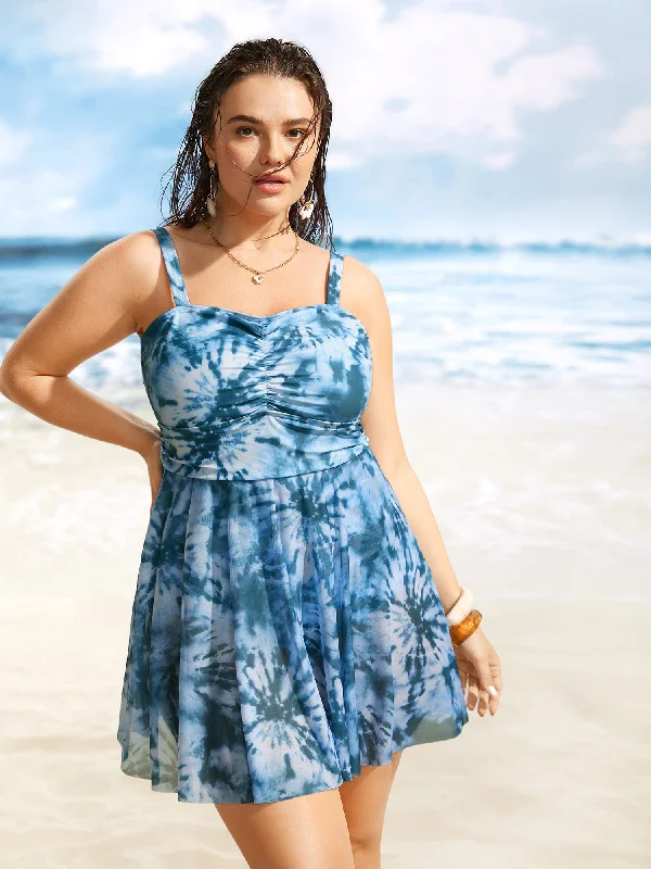 Heart Neckline Tie Dye Ruched Swim Dress