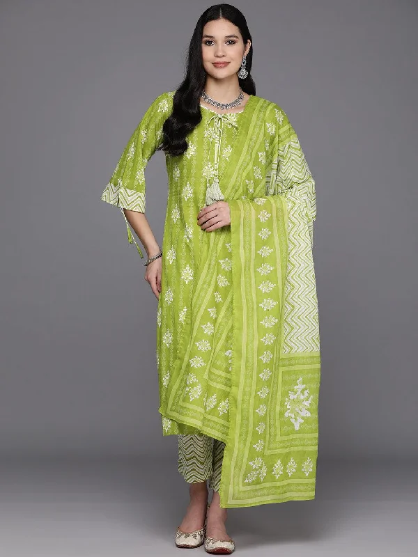 Lime Green Printed Cotton Straight Kurta With Trousers & Dupatta