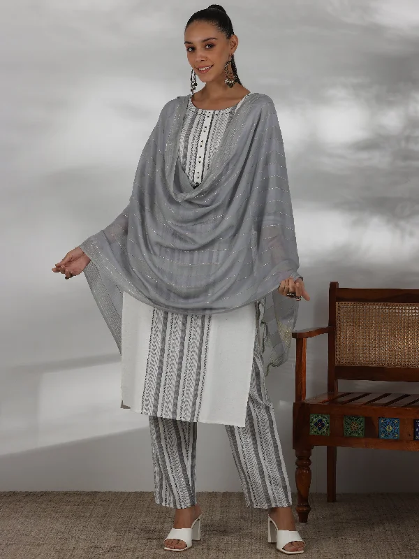 Off White Printed Cotton Blend Straight Suit With Dupatta