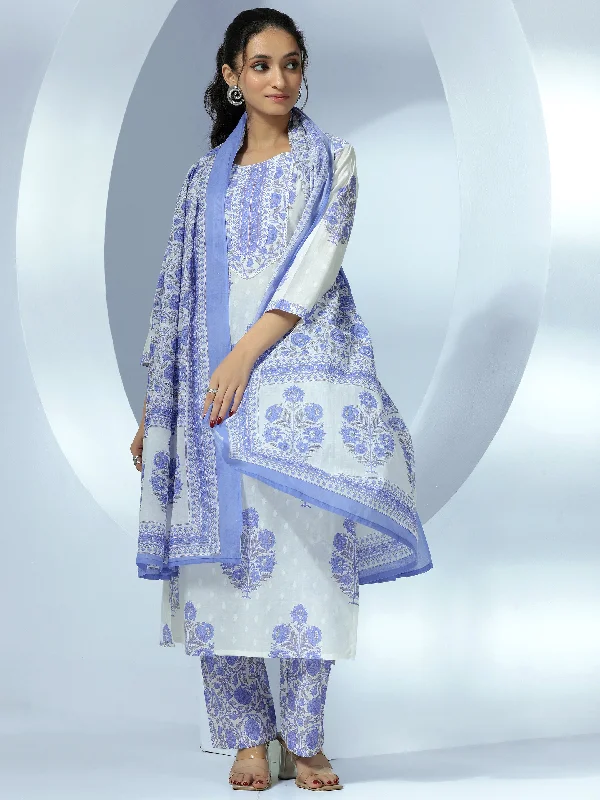 Off White Printed Cotton Straight Suit With Dupatta