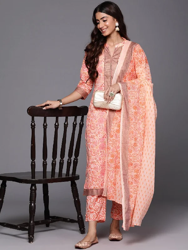 Peach Printed Cotton Straight Suit With Dupatta