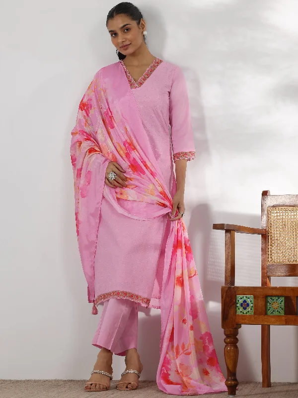 Pink Embroidered Cotton Straight Suit With Dupatta