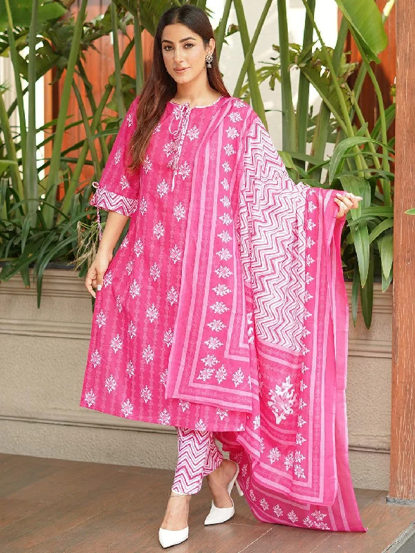 Pink Printed Cotton Straight Kurta With Trousers & Dupatta