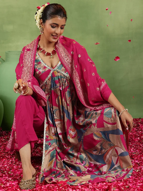 Pink Printed Silk Blend A-Line Kurta With Trousers & Dupatta