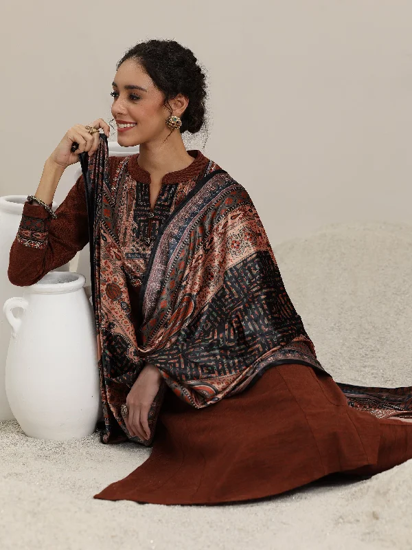 Rust Yoke Design Wool Blend Straight Suit With Dupatta