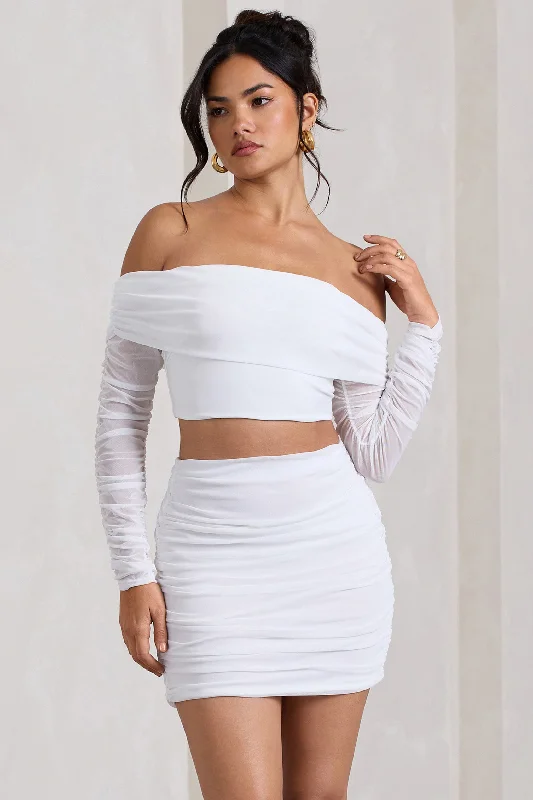 Rule Breaker | White Ruched Mesh Bardot Crop Top