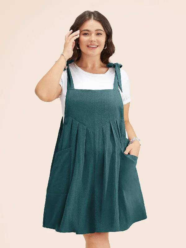 Solid Pleated Hem Pocket Tie Shoulder Overall Dress