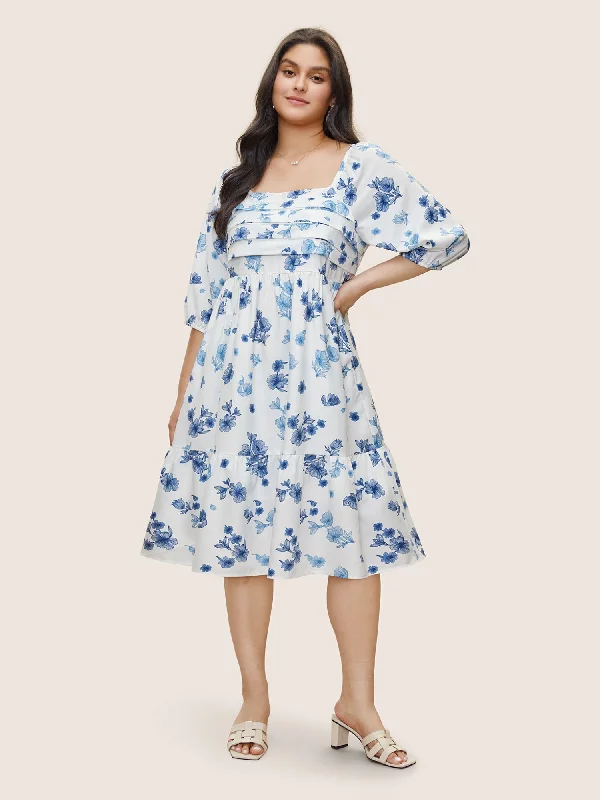 Square Neck Floral Print Pleated Lantern Sleeve Dress