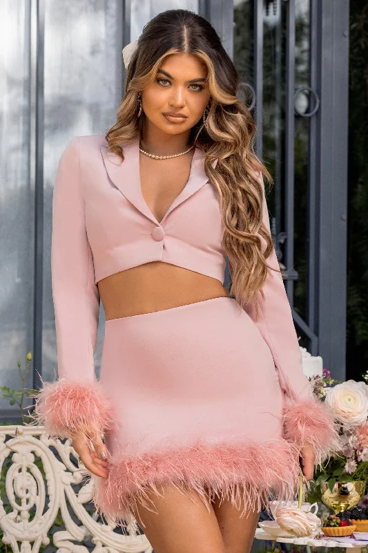 Tempting | Pink Cropped Blazer With Feather Trim On Sleeve Cuff