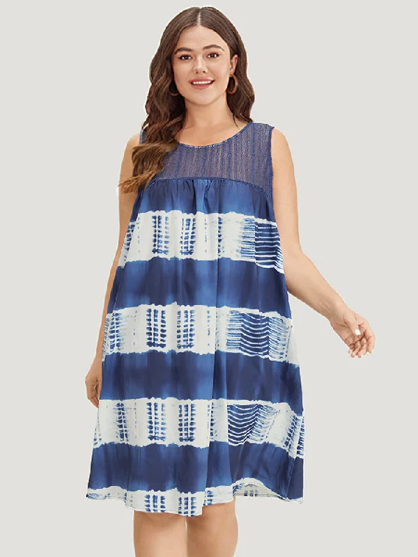 Tie Dye Mesh Patchwork Ruffle Hem Tank Dress