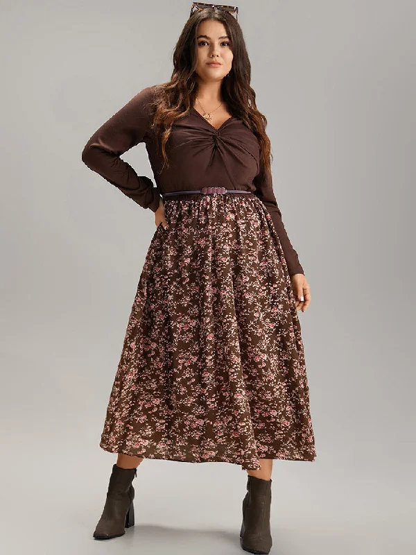 Twist Front Ditsy Floral Patchwork Dress